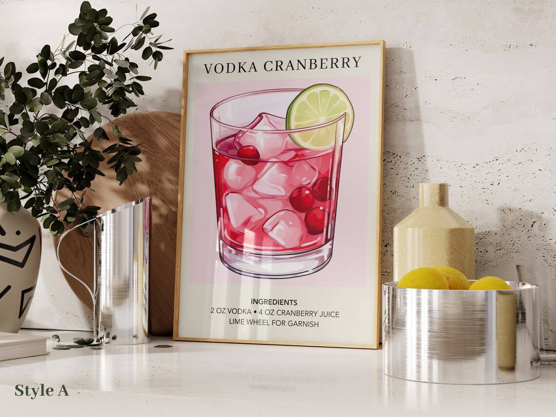 Vodka Cranberry Cocktail Poster, Minimalist Retro Decor