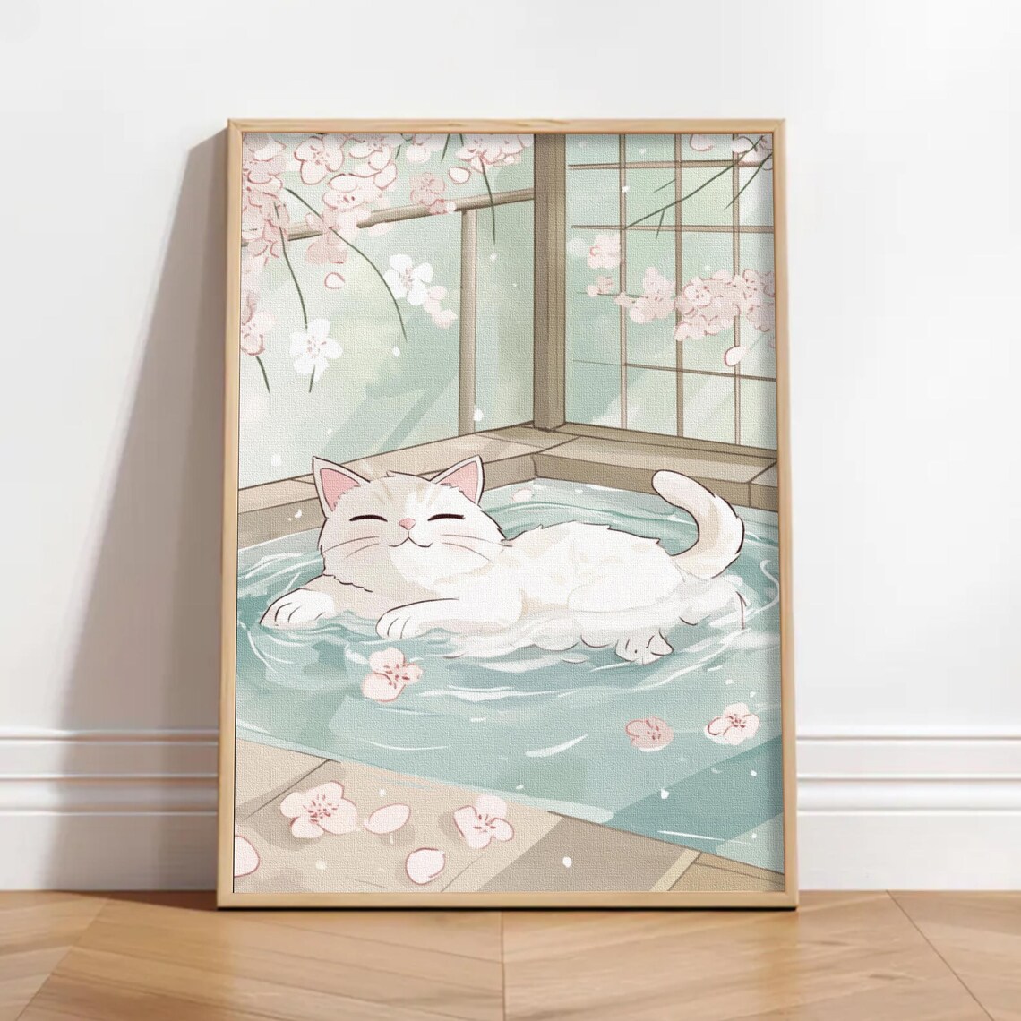 White Cat Relaxing In Bathtub Cherry Blossom Kawaii Bath Art Poster