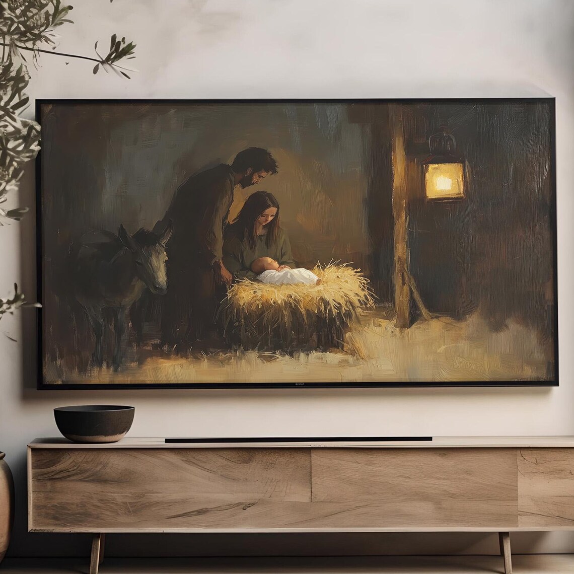 Nativity Scene Jesus In The Manger Moody Oil Painting Christmas Poster