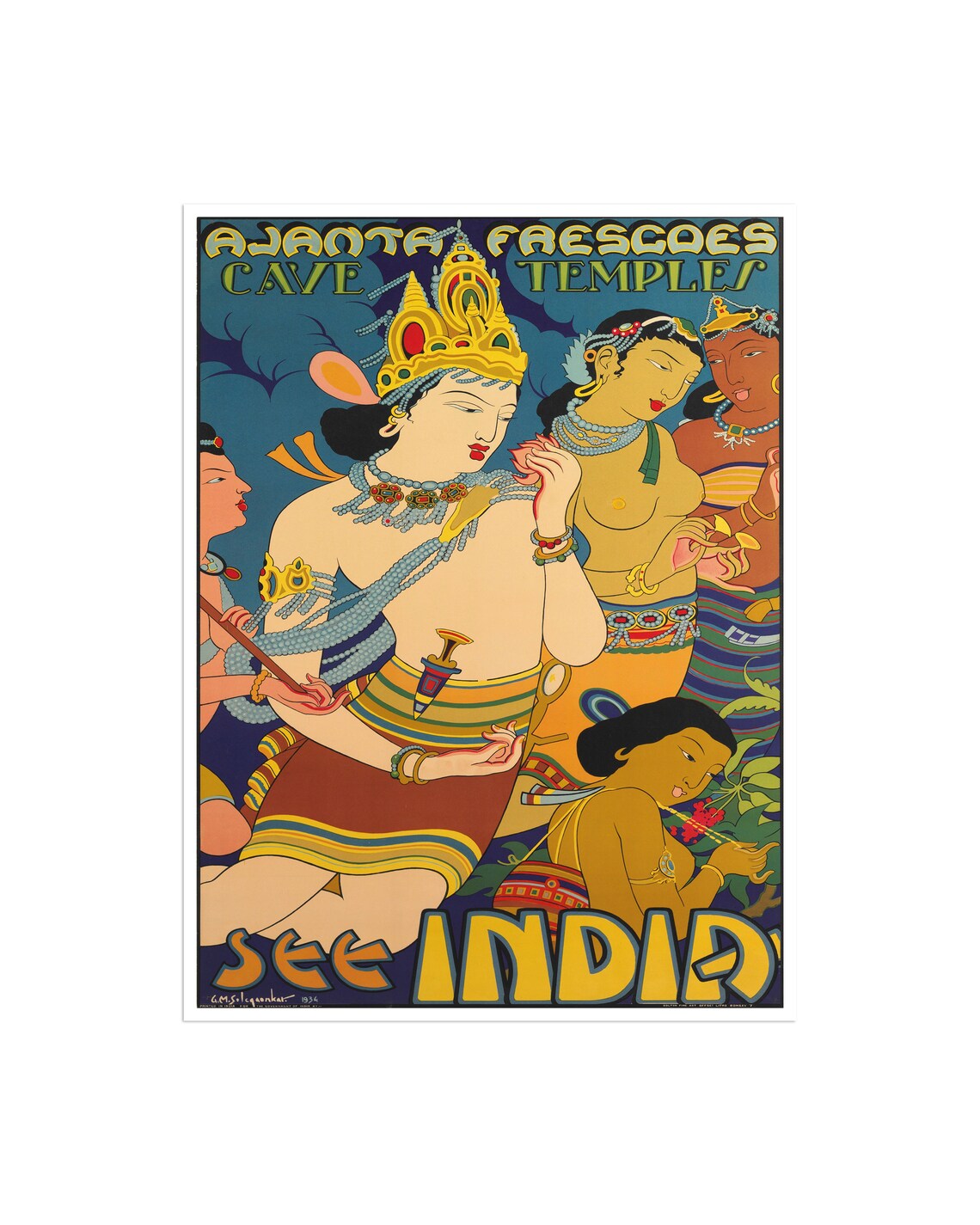 Ajanta Cave Frescoes Temples See India 1936 Vintage Travel Poster