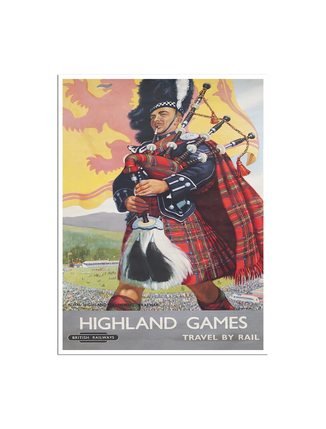Highland Games Bagpiper British Railways Vintage Travel Poster