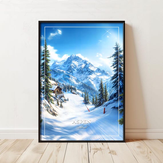 Aspen Colorado Ski Poster Snowy Mountain Cabin Art Print
