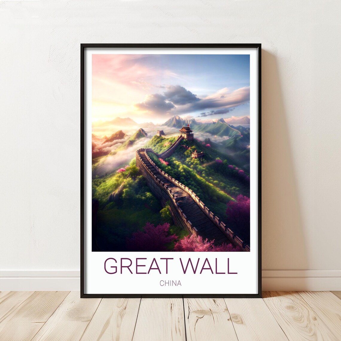 Great Wall Of China Sunrise Mountains Blossoms Landscape Travel Poster