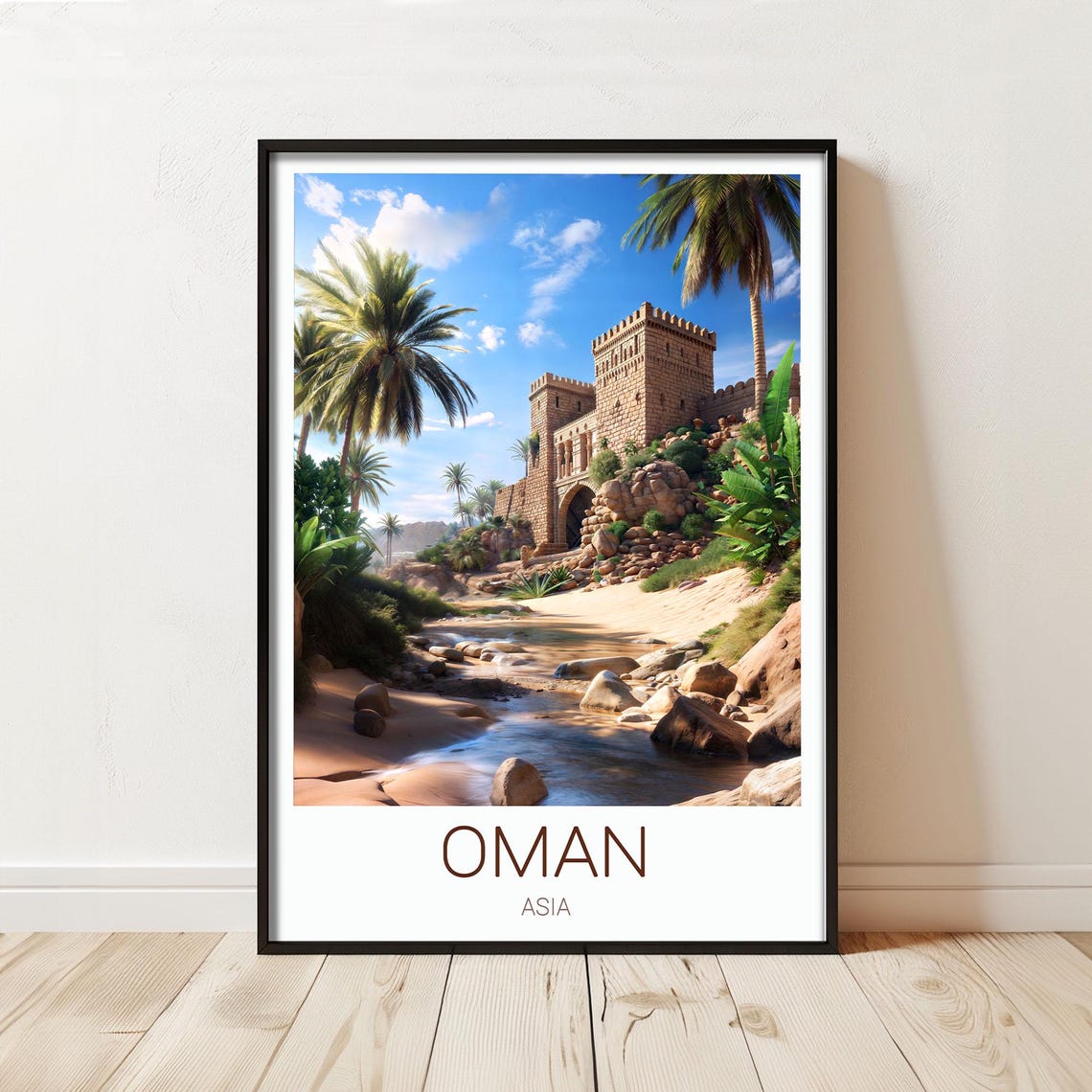 Oman Asia Travel Poster Ancient Desert Castle Palm Oasis Scene