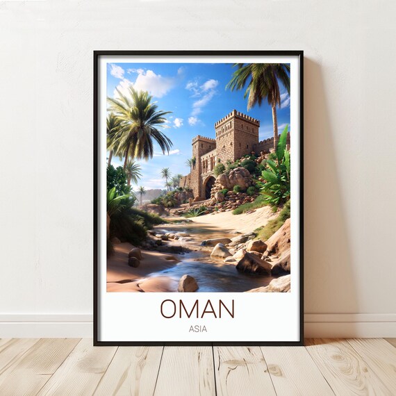 Oman Asia Travel Poster Ancient Desert Castle Palm Oasis Scene