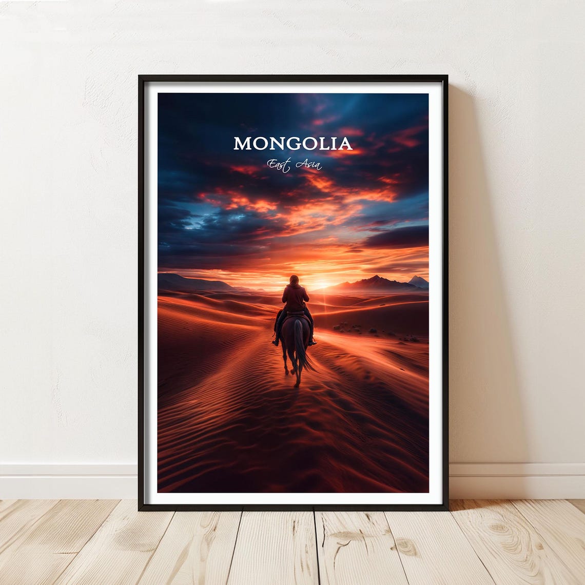 Mongolia East Asia Desert Sunset Rider Title Top Travel Poster