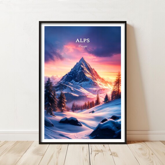 Alps Europe Snowy Mountain Sunset Peak Landscape Travel Poster