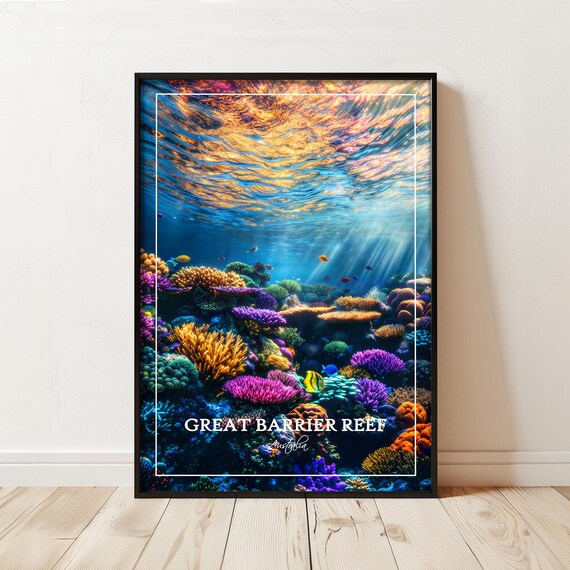 Great Barrier Reef Travel Poster Print Radiant Corals And Tropical Fish For Underwater Decor