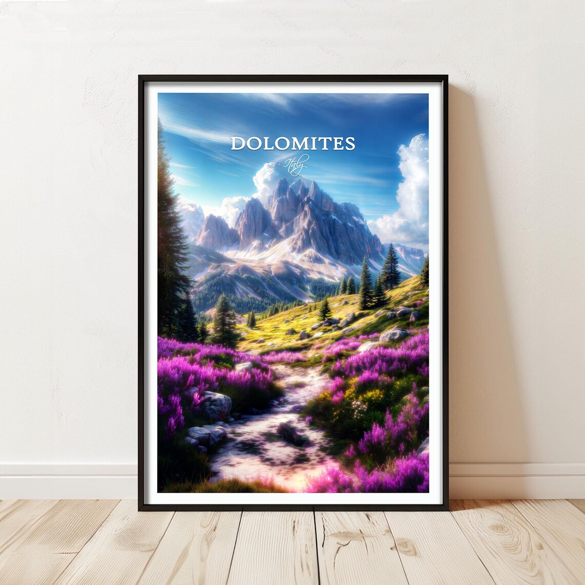Dolomites Hiking Trail Over Purple Meadow With Text Overlay Mountain Poster