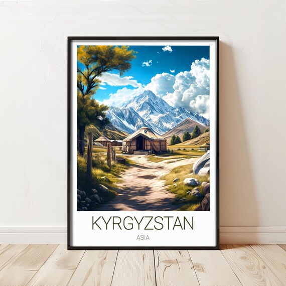 Kyrgyzstan Asia Yurt Camp Snowy Tian Shan Mountain Travel Poster