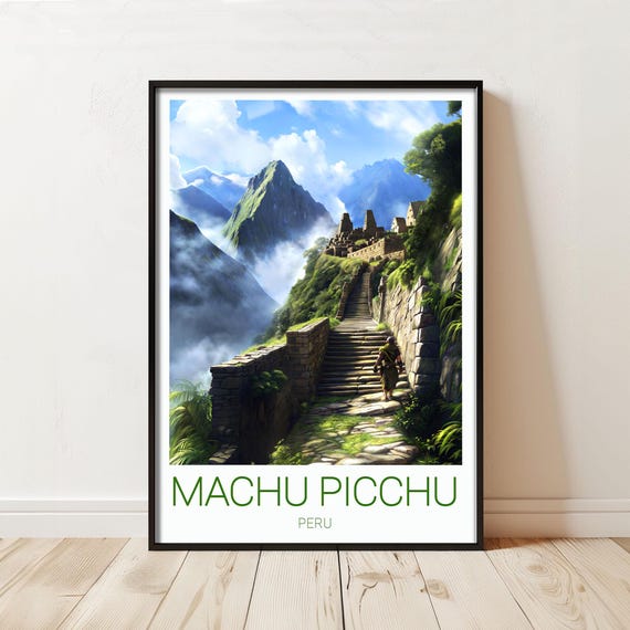 Machu Picchu Peru Reiseplakatdruck Inkaruinen Und Neblige Andenberge Fr Eine Malerische Wanddekoration