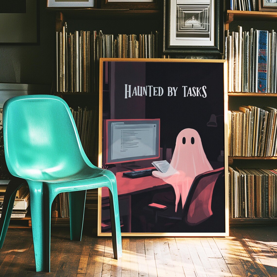 Haunted By Tasks Pink Ghost At Desk Office Halloween Art Poster - Image 3