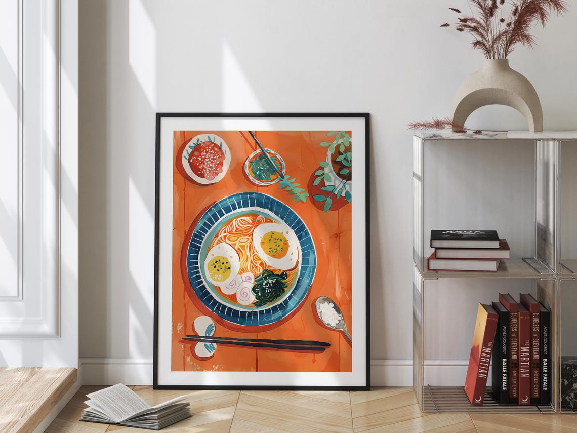 Japanese Ramen Bowl Flatlay Cute Orange Asian Kitchen Food Art Poster - Image 3