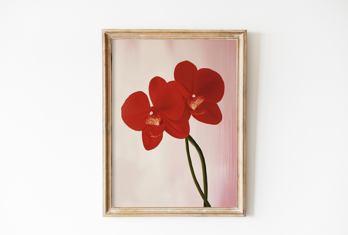Red Orchid Blossoms On Soft Pink Background Botanical Art Poster