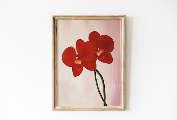 Red Orchid Blossoms On Soft Pink Background Botanical Art Poster