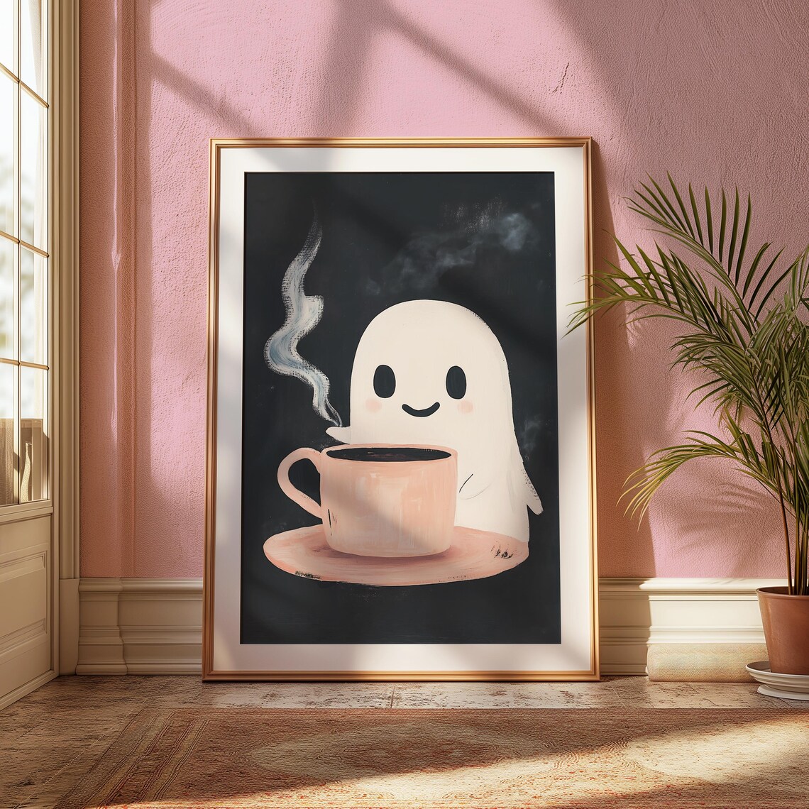 Cute Ghost Holding Pink Coffee Cup On Black Background Art Poster - Image 2