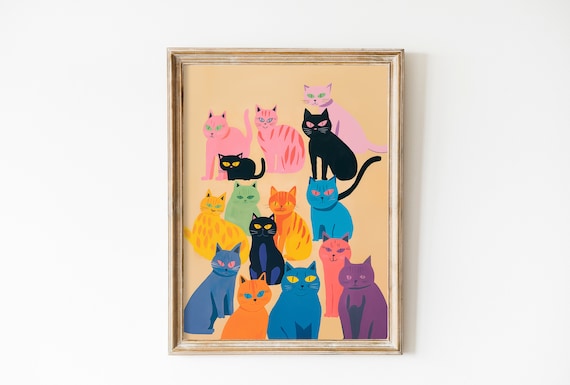 Colorful Cat Wall Decor, Cute Kitty Art Print