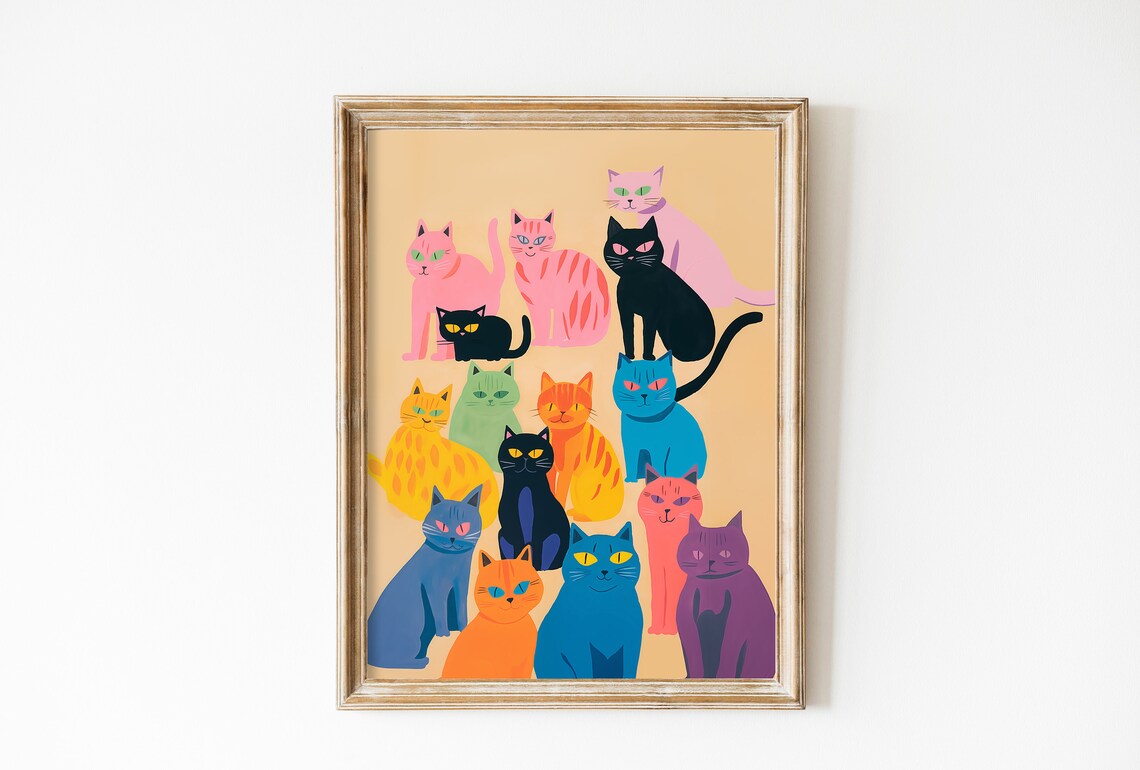 Colorful Cat Wall Decor, Cute Kitty Art Print