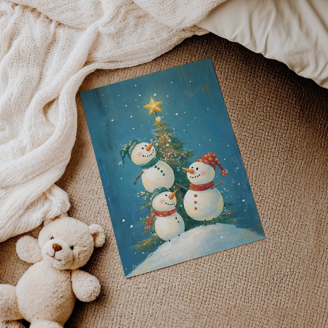 Three Snowmen Decorating Christmas Tree On Blue Background Poster - Image 3