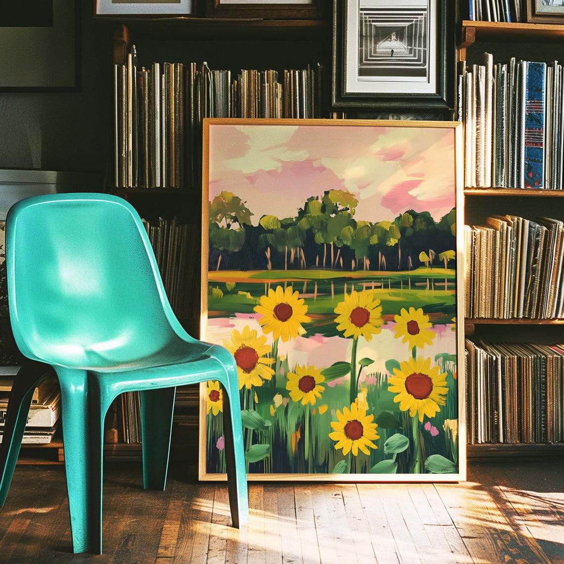 Sunflower Field By The Lake Under Pink Sunset Sky Art Poster - Image 2