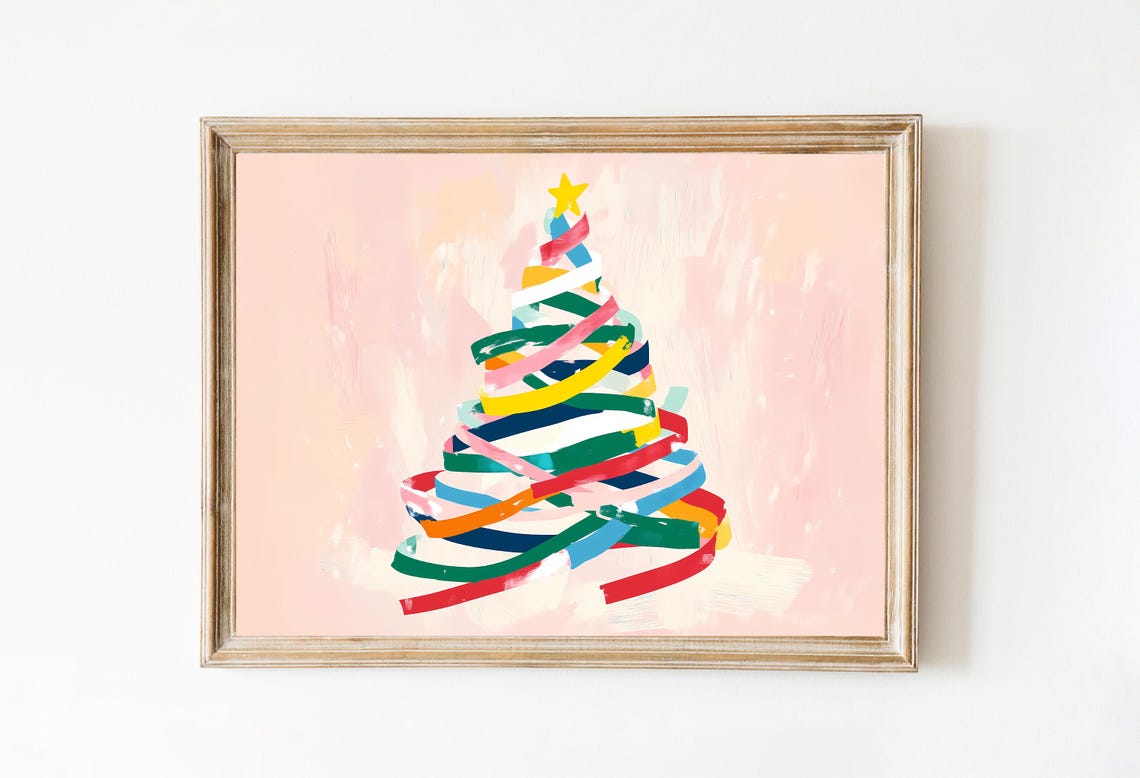 Minimalist Rainbow Ribbon Wrapped Christmas Tree on Soft Pink Poster