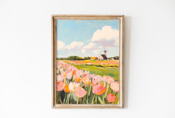 Vintage Mill With Pink Tulips Field Art Print