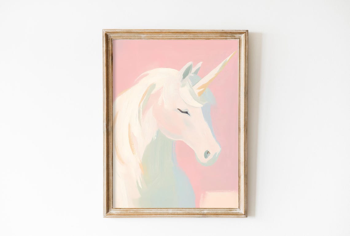 Whimsical Pink Unicorn Art Print, Girls Room Decor