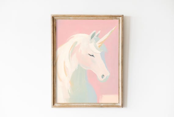 Whimsical Pink Unicorn Art Print, Girls Room Decor