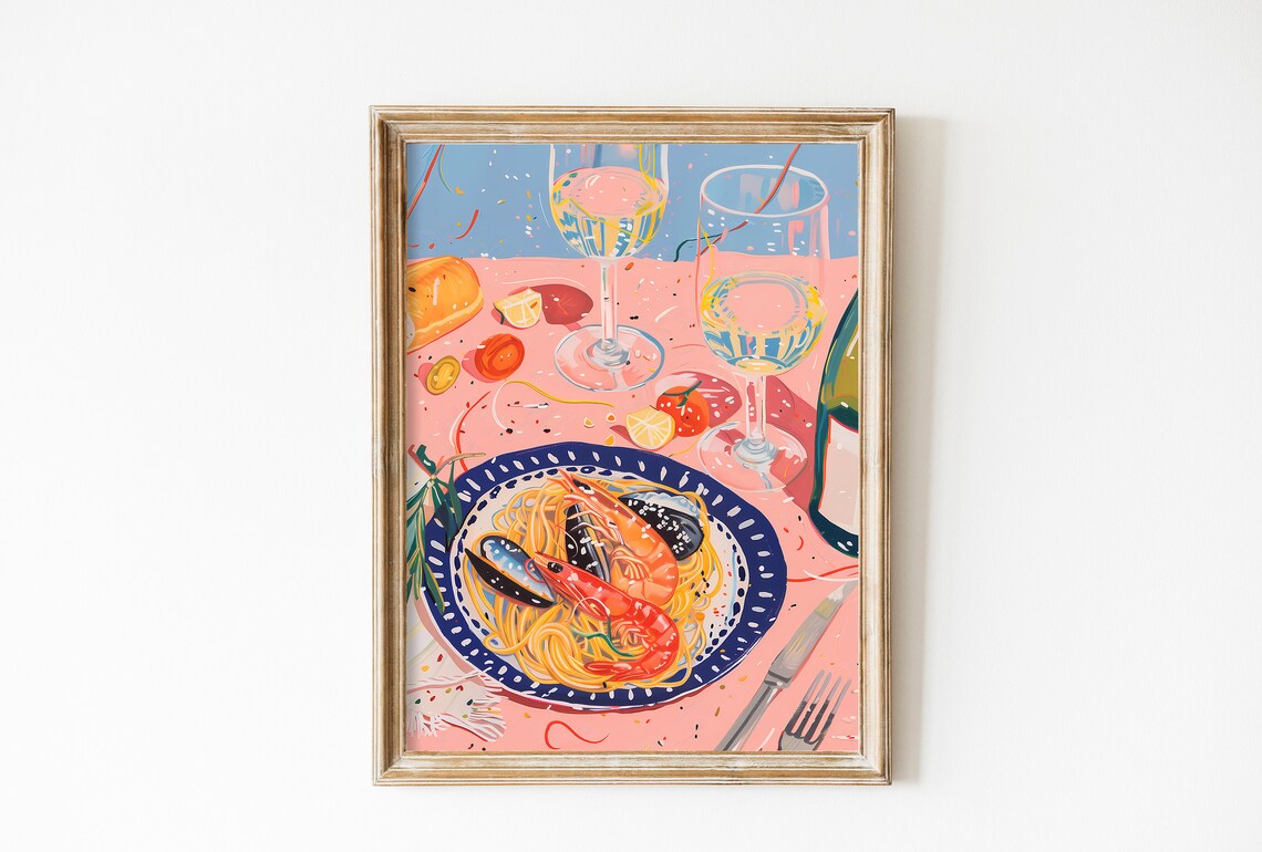 Seafood Pasta Shrimp Mussels Pink Italian Table Food Art Poster