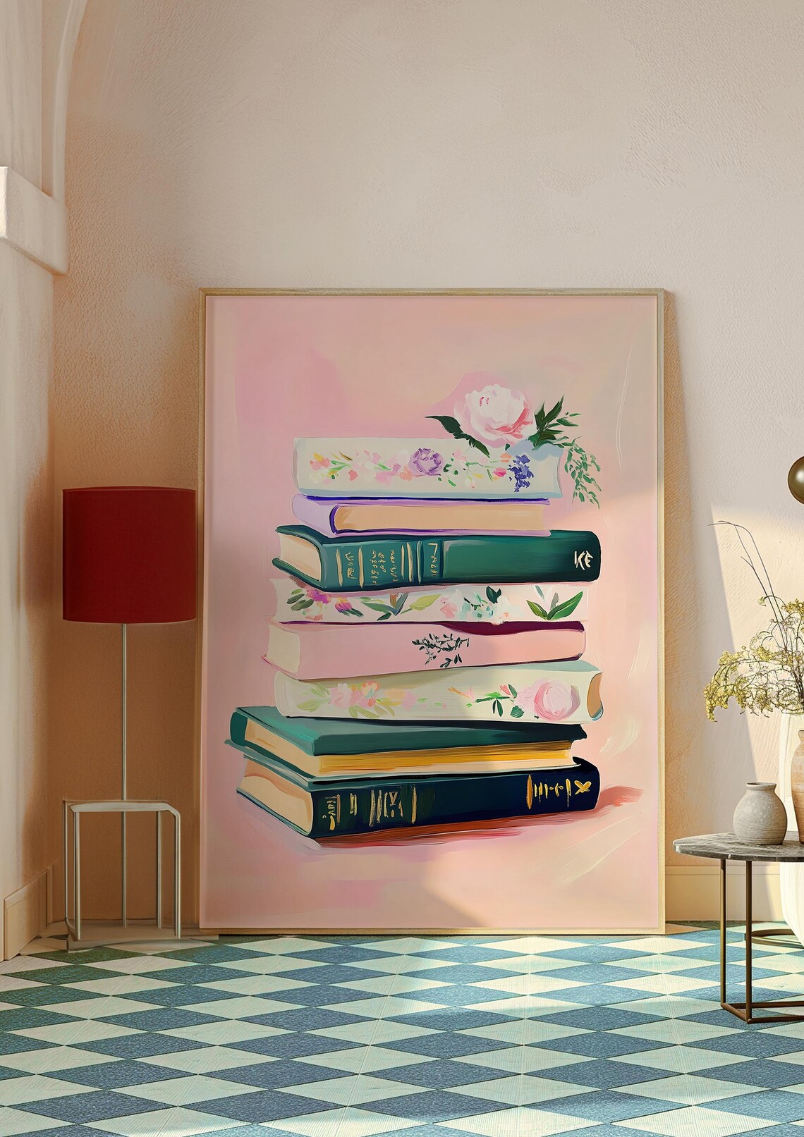 Stack of Vintage Books with Pink Roses Coquette Reading Decor Poster - Image 3