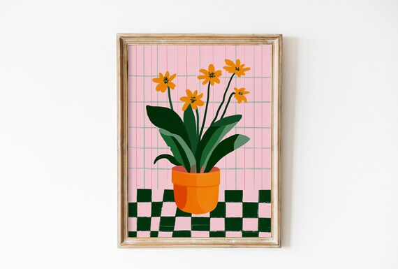 Orange Potted Flowers Pink Grid Danish Pastel Kitchen Poster