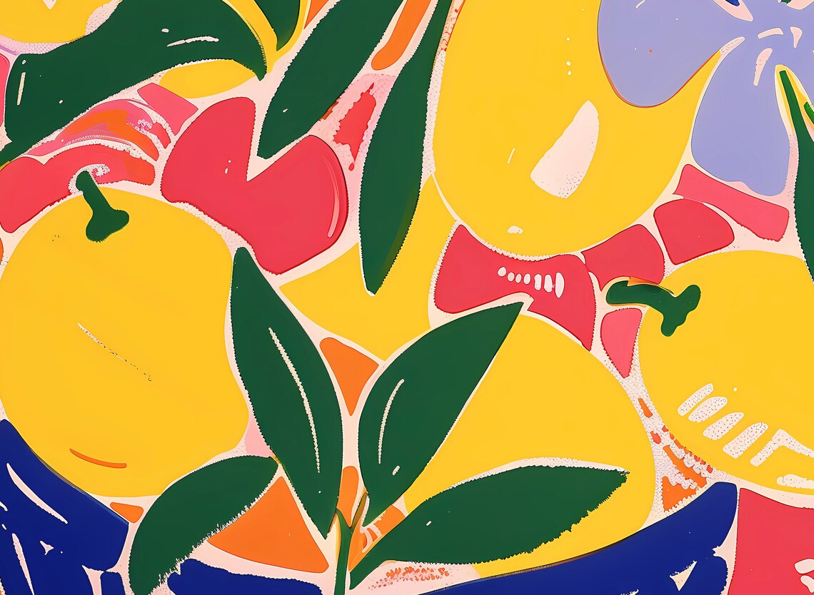 Vibrant Lemon Fruit Bowl Blue Pink Mediterranean Kitchen Art Poster - Image 3