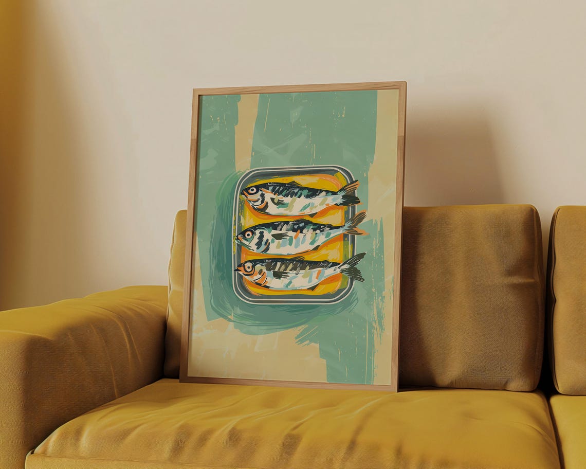 Sardines in Tin Retro Kitchen Illustration Mint Green Artwork Poster - Image 3