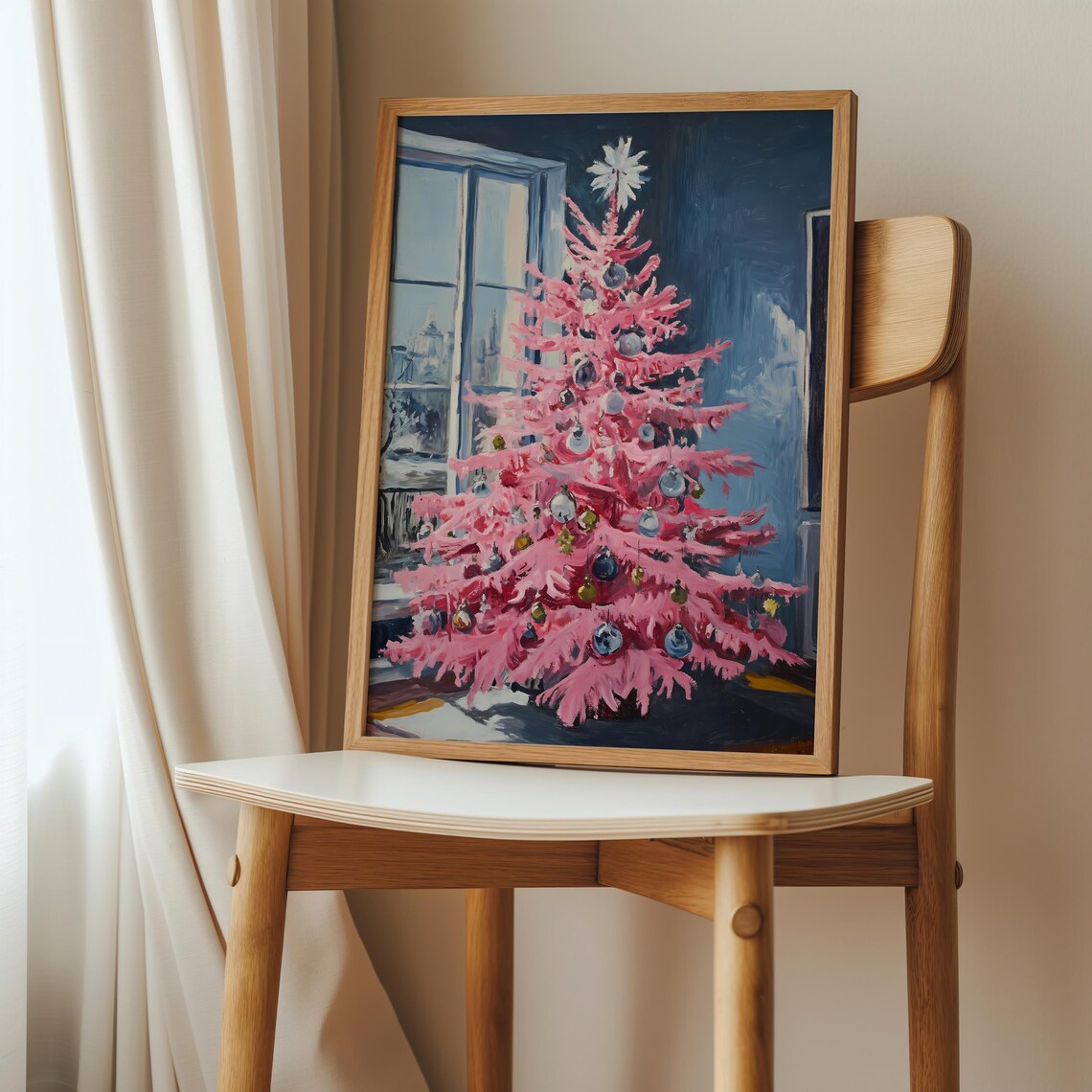 Pink Christmas Tree Oil Painting by a Frosty Window View Poster - Image 3