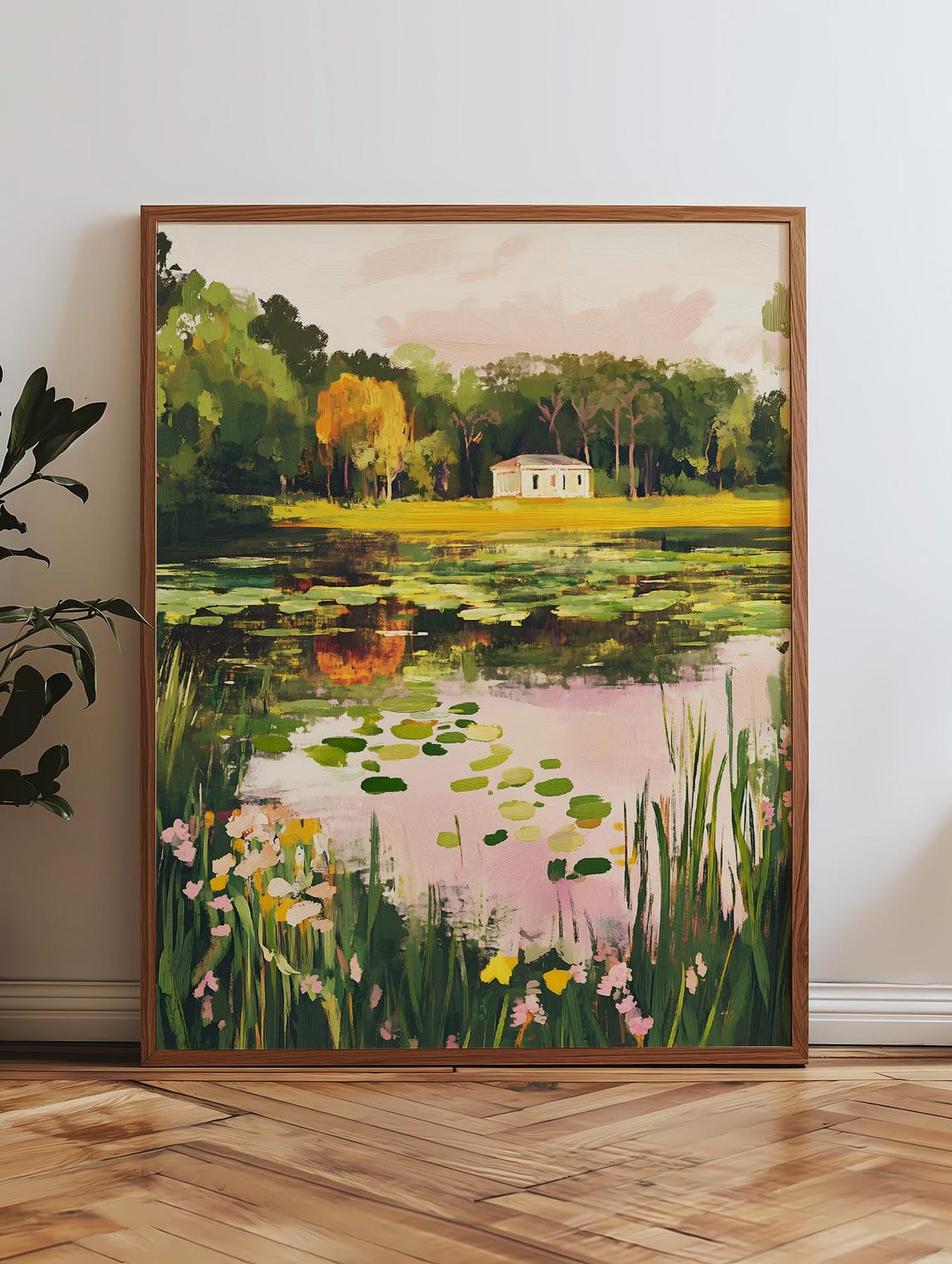 Lily Pad Marsh At Sunset With Cabin Pink Wildflowers Art Poster - Image 3