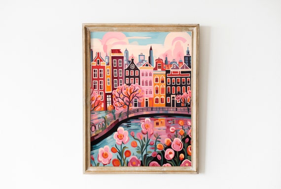 Amsterdam Canals Travel Poster, Romantic Roses Print