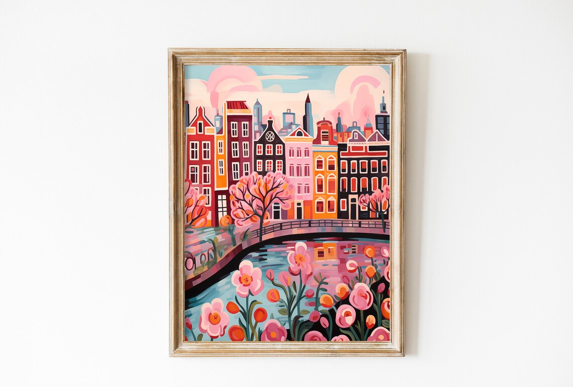 Amsterdam Canals Travel Poster, Romantic Roses Print