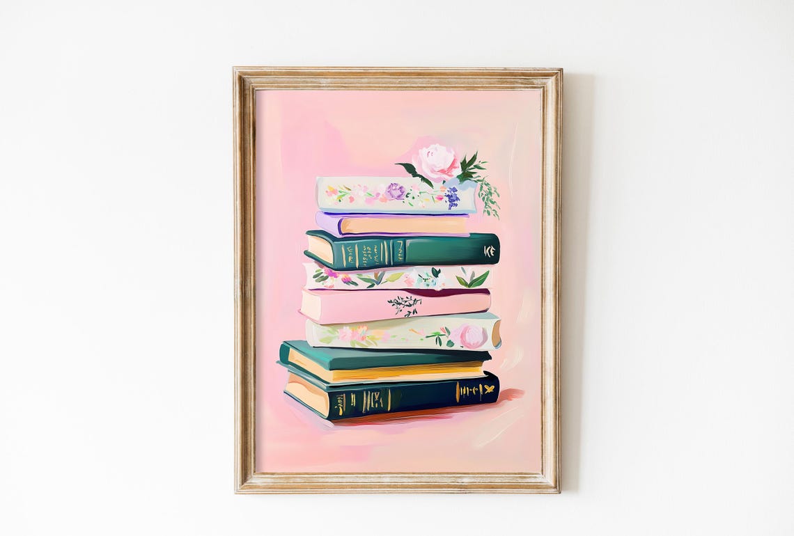 Stack of Vintage Books with Pink Roses Coquette Reading Decor Poster