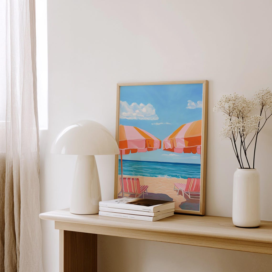 Striped Beach Umbrellas on Sunny Coast Summer Seaside Travel Poster - Image 2