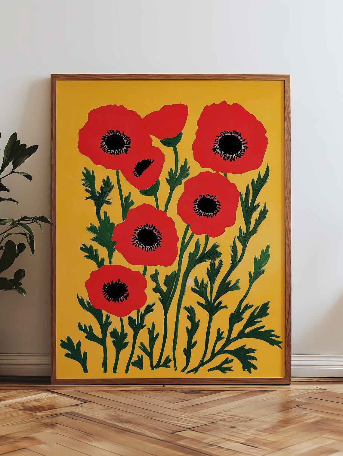 Bold Red Poppies Yellow Background Graphic Floral Art Poster - Image 3