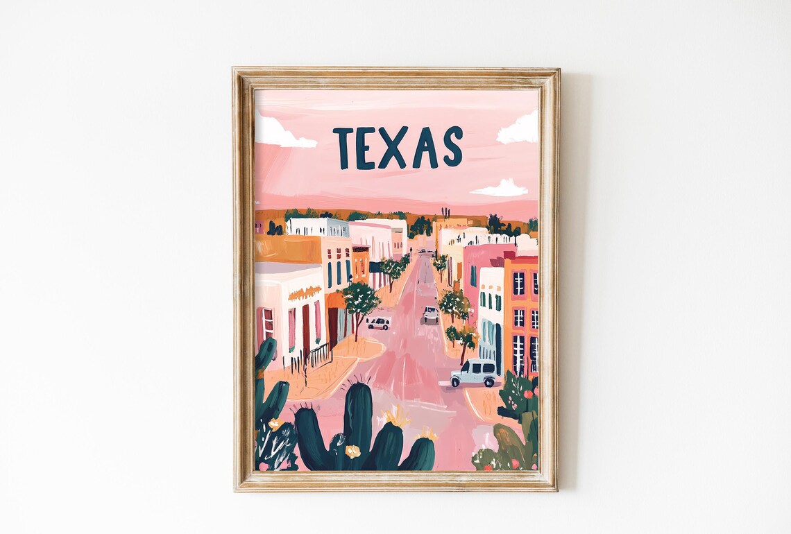 Retro Texas Travel Poster, Soft Pink Vintage Style