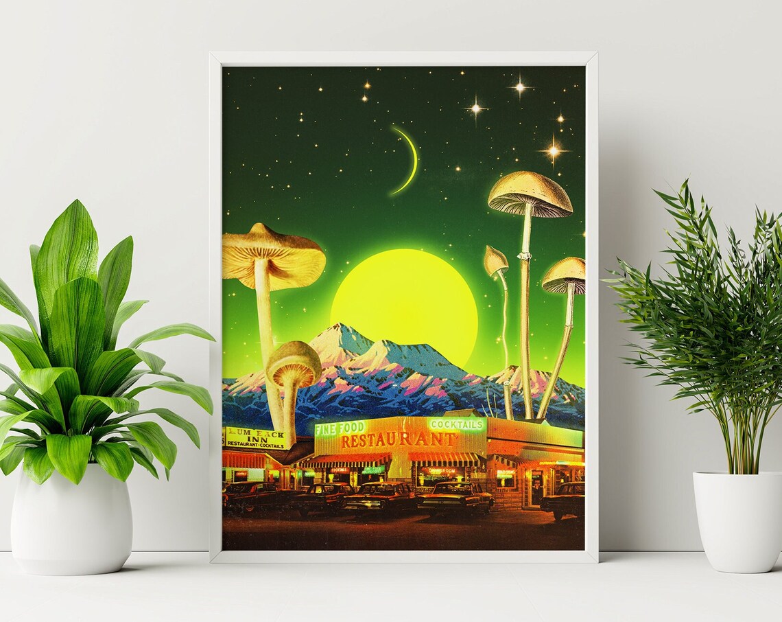 Trippy Land 8 Shrooms Retro Cosmic Collage Art Print