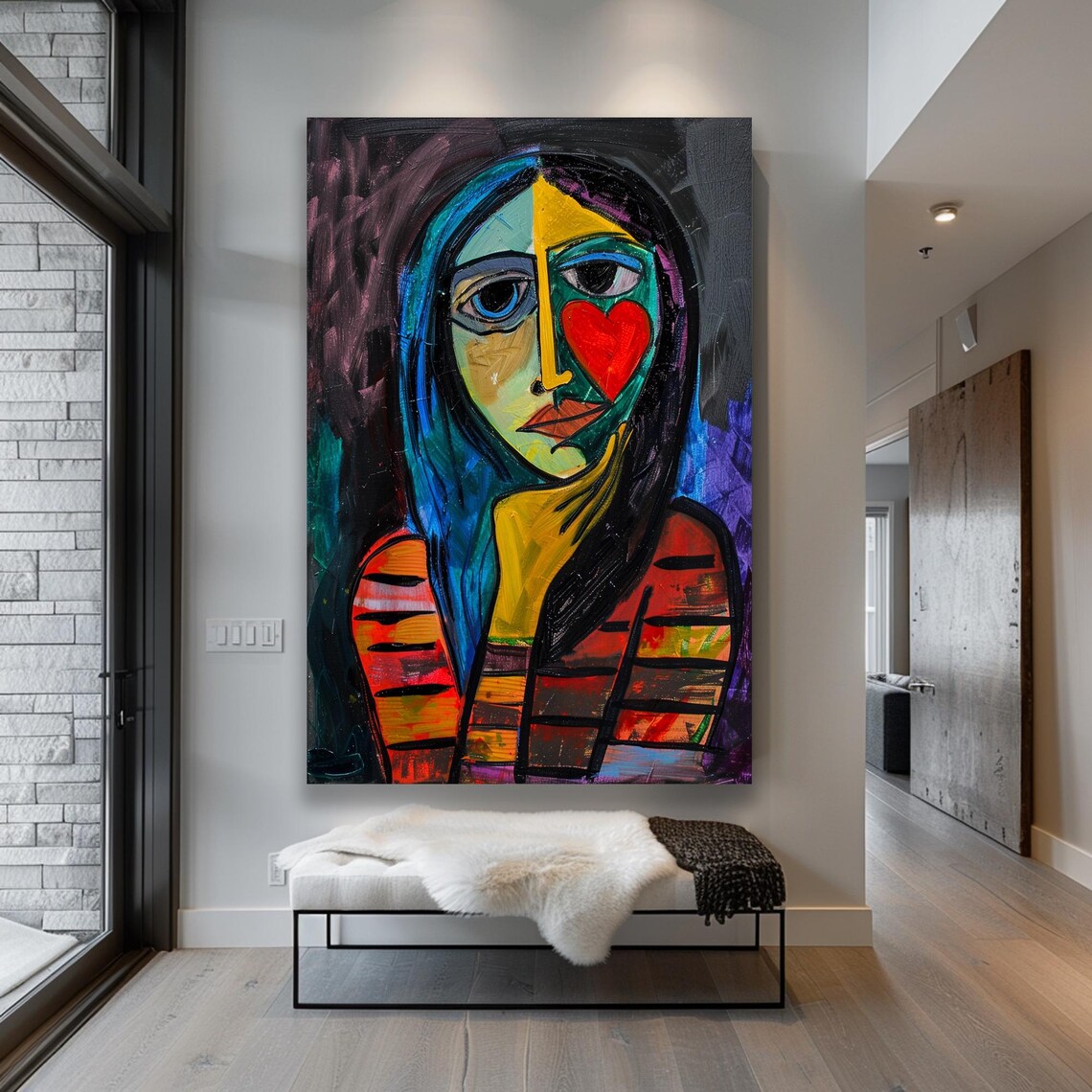Cubist Woman Portrait With Red Heart Bold Modern Abstract Poster - Image 2