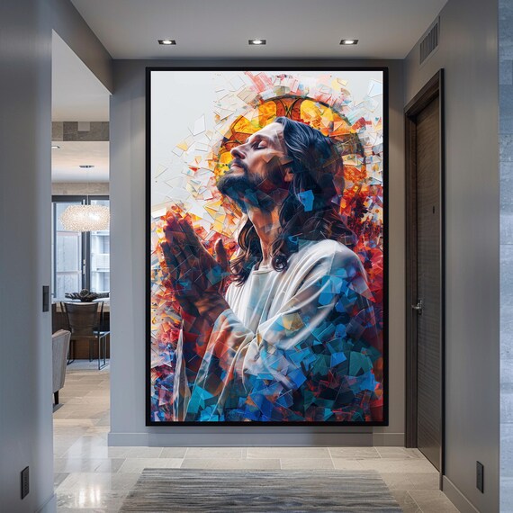 Jesus Praying Under a Golden Halo in Shattered Mosaic Style Poster