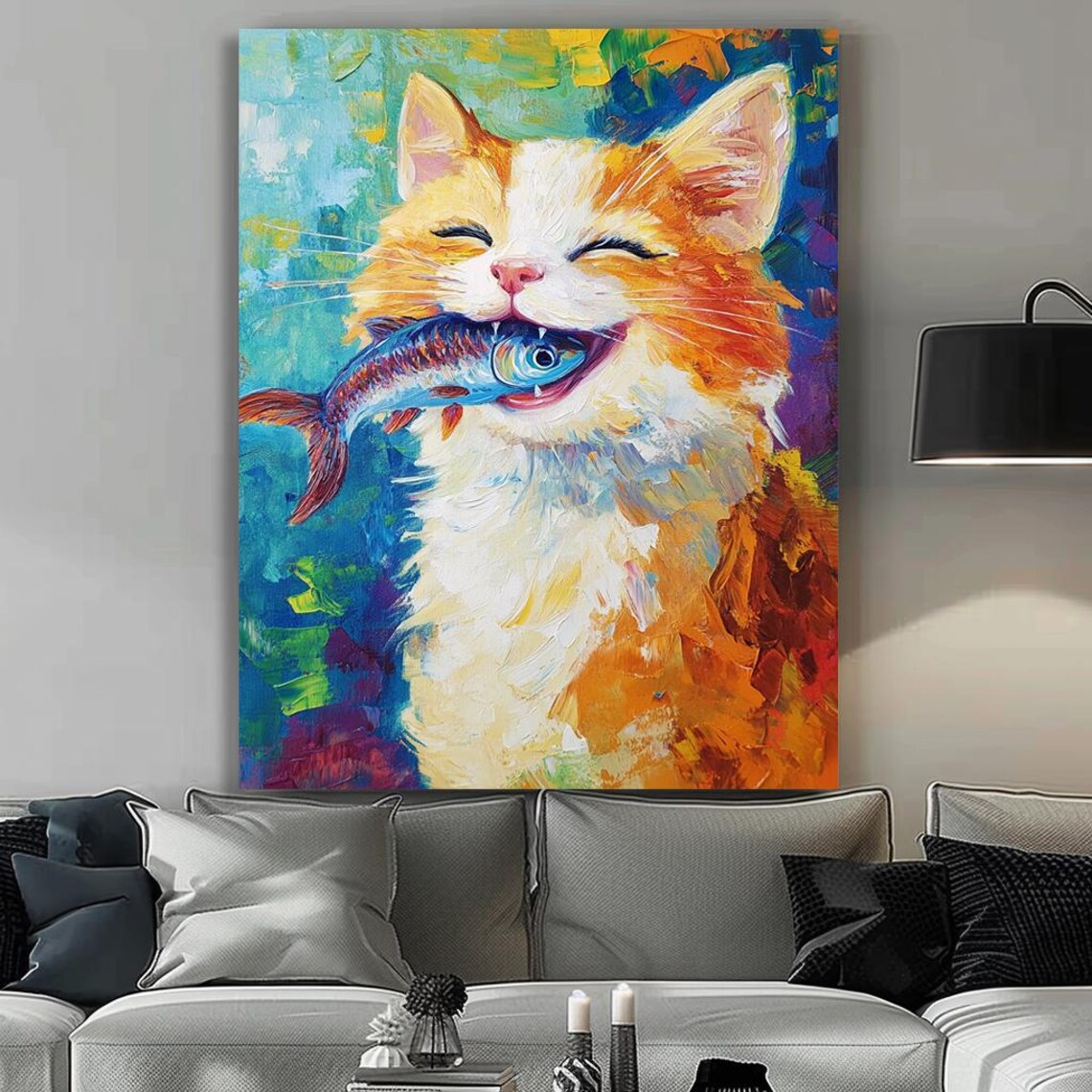 Joyful Orange Tabby Cat Catching Fish Colorful Humor Wall Poster - Image 5