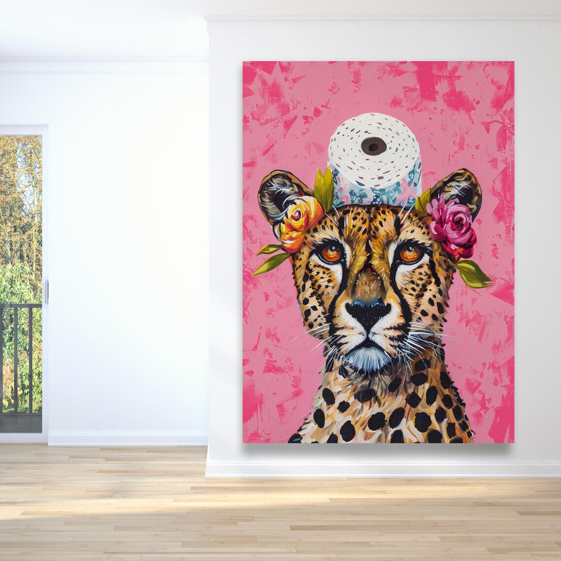 Cheetah Wearing Toilet Paper Hat Pink Whimsical Funny Bathroom Poster - Image 6