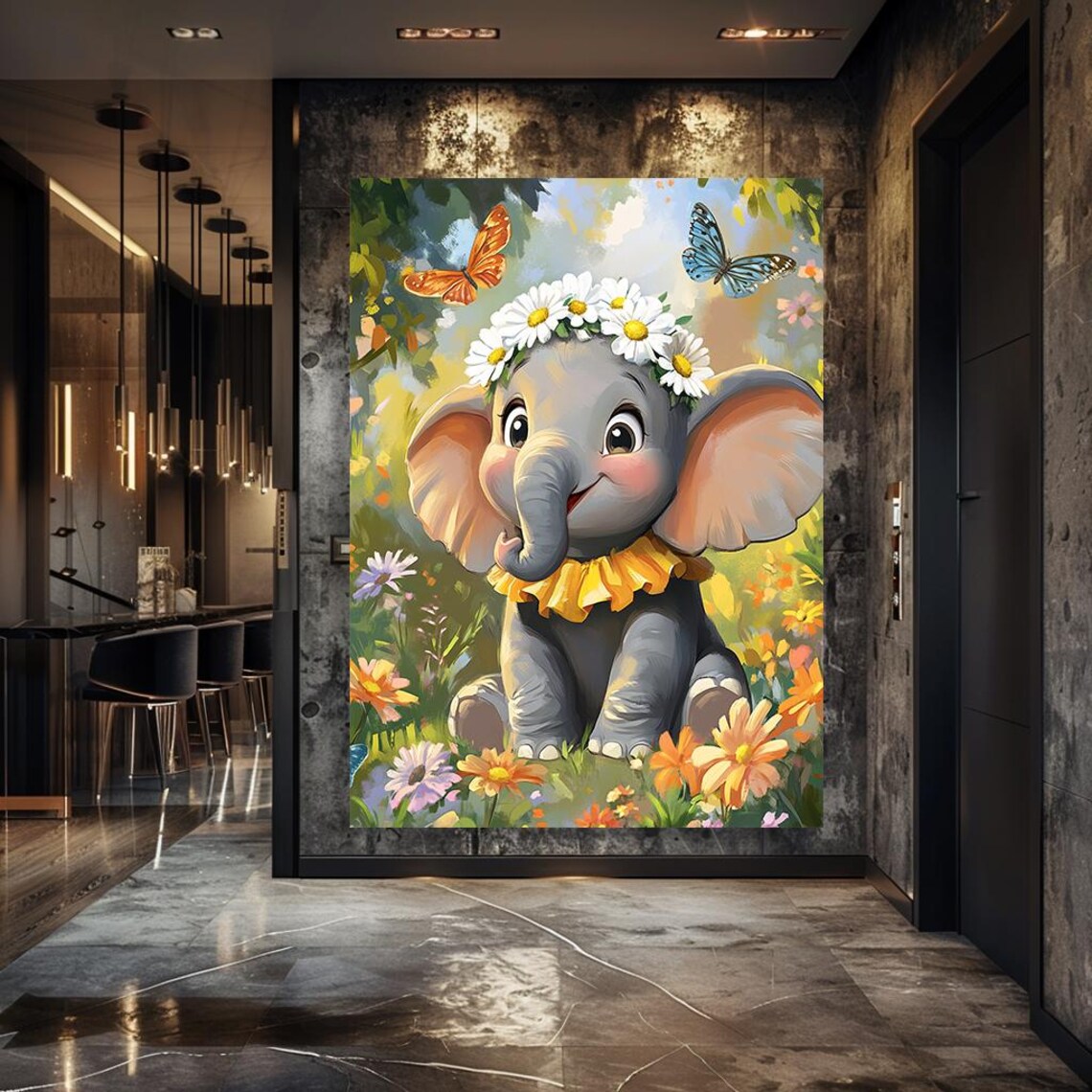 Baby Elephant Daisy Flower Crown Butterfly Garden Nursery Poster - Image 3