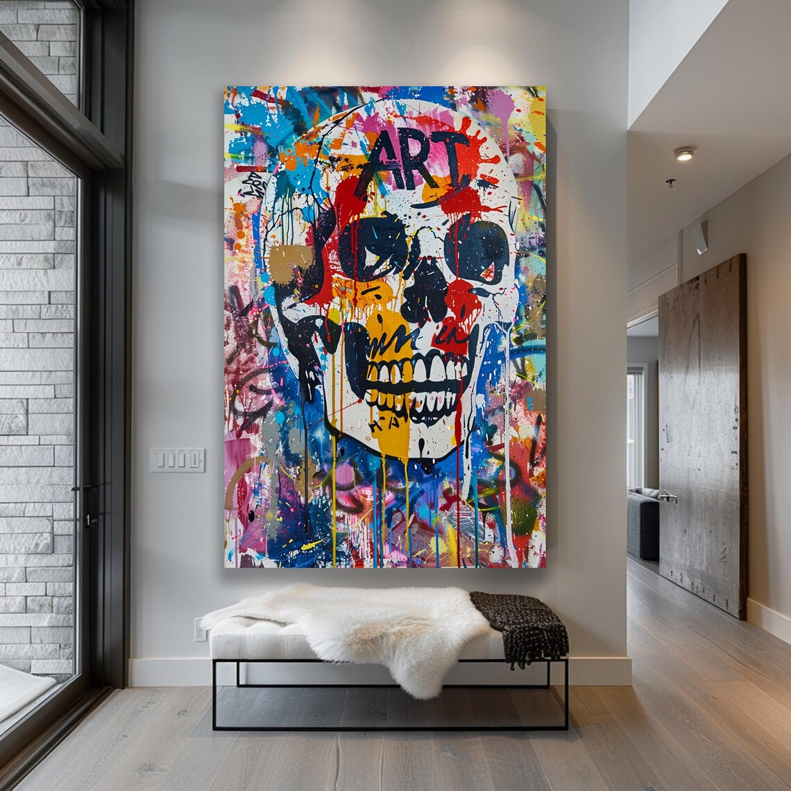 Graffiti Skull Street Art Covered in Colorful Paint Splashes Poster - Image 3
