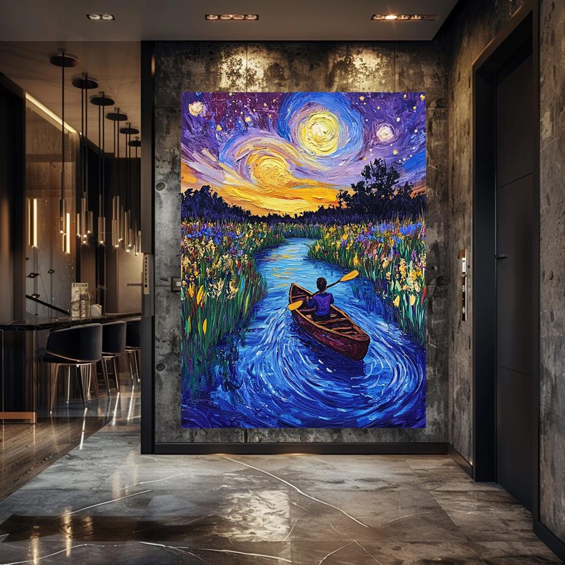 Wall Art Starry Night River Landscape With Canoe Vibrant Nature Painting Impressionist Artwork For Living Room Bedroom Or Office - Image 6