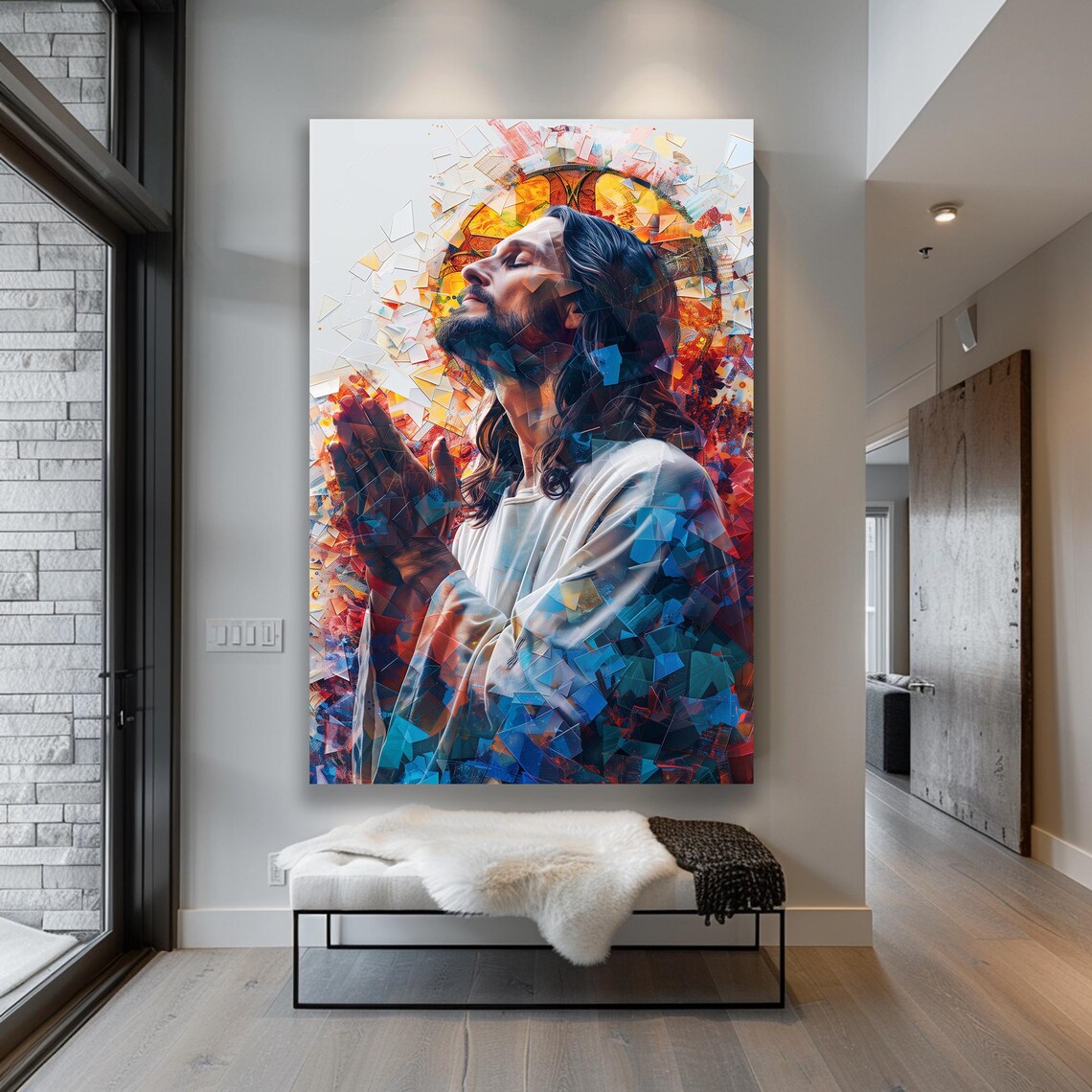 Jesus Praying Under a Golden Halo in Shattered Mosaic Style Poster - Image 3